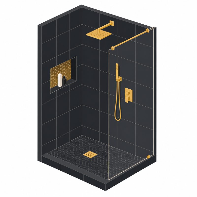 Modern walk-in tiled shower with frameless glass and gold fixtures
