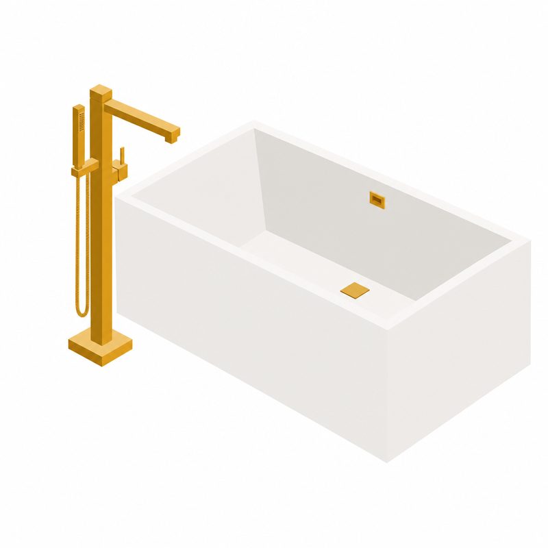 White freestanding bathtub with gold floor-mounted faucet
