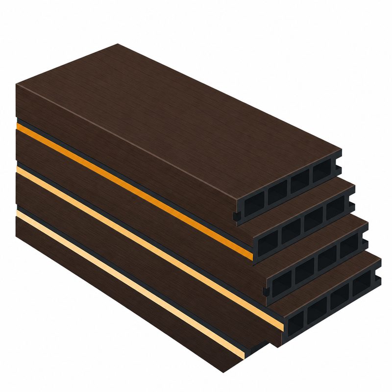 Stack of dark brown capped composite deck boards