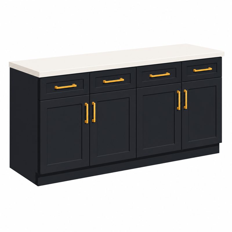 Kitchen cabinet run with new shaker doors and gold hardware