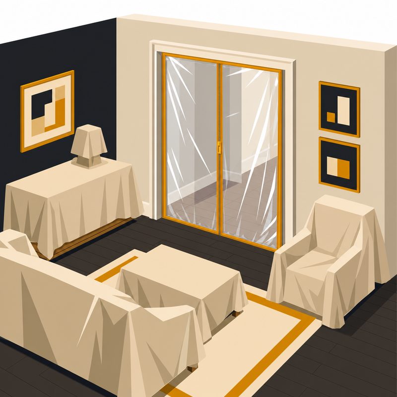 Living room sealed behind a plastic dust barrier during a remodel