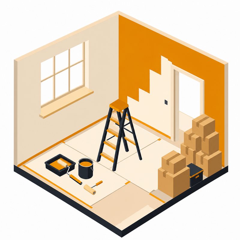 Empty room mid-renovation with ladder and paint supplies