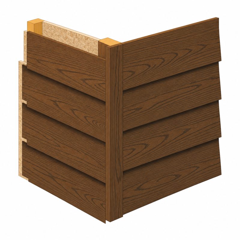 Corner sample of engineered wood siding with cedar grain