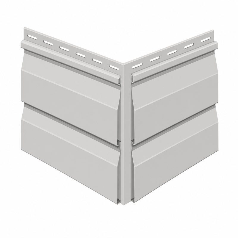Corner sample of light gray vinyl siding panels