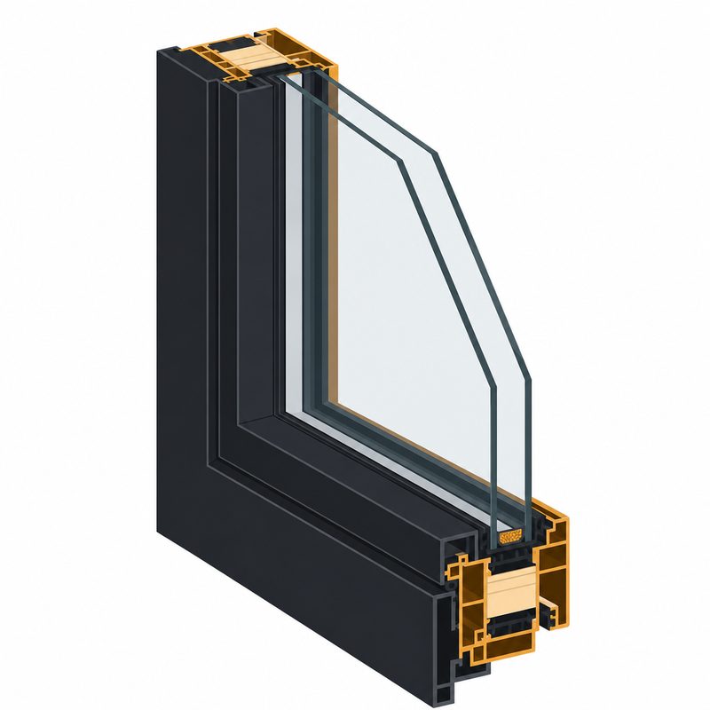 Cutaway corner of a slim black fiberglass window frame