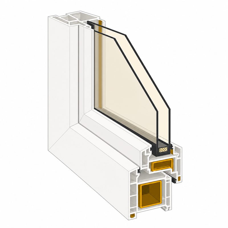 Cutaway corner of a white vinyl window frame with double panes