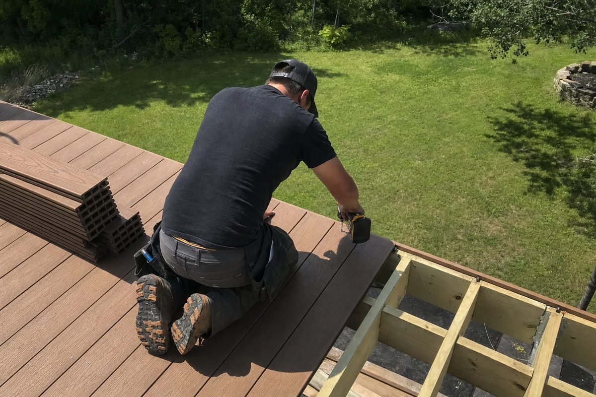Domex installer fastening composite deck boards on a new build