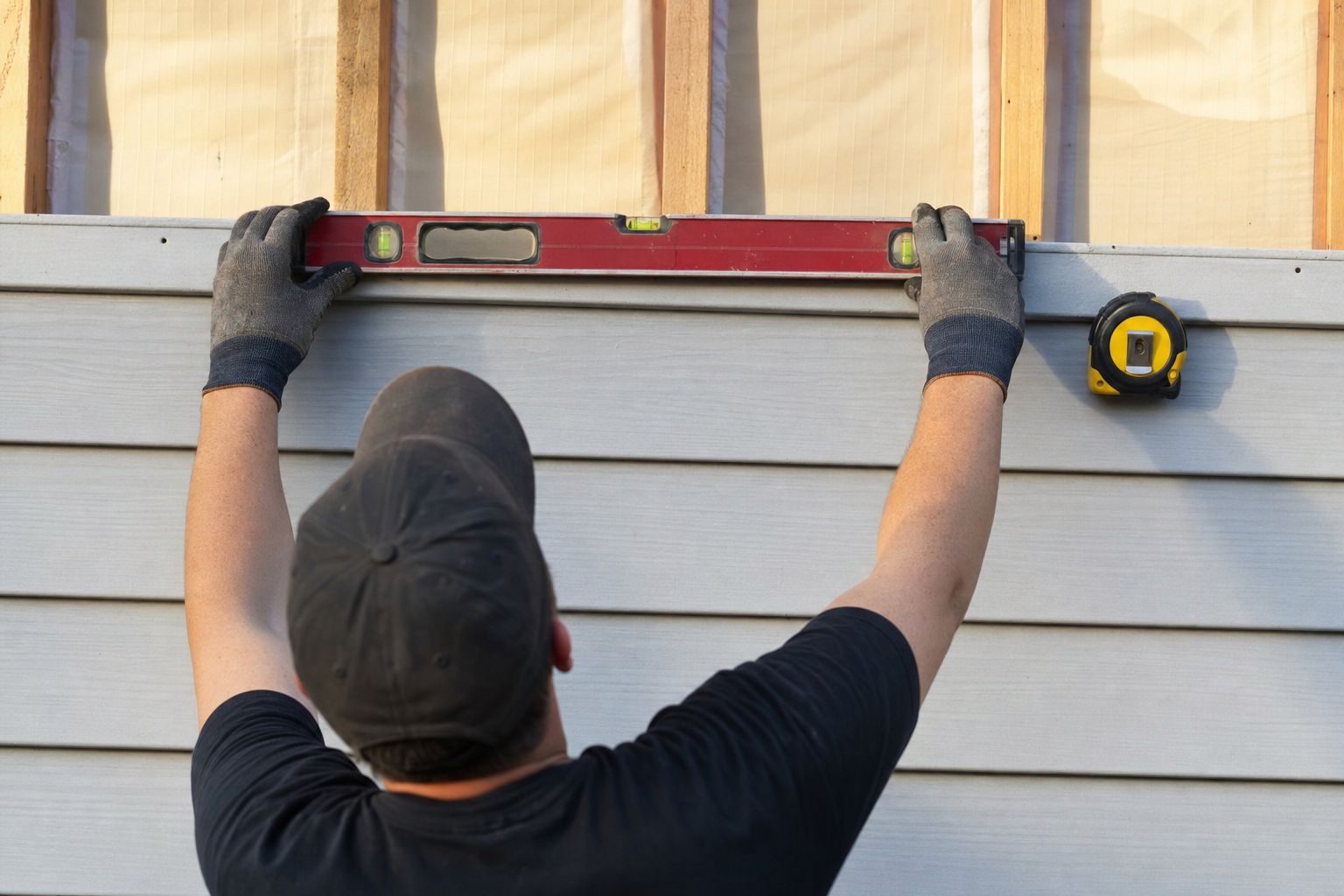 Checking freshly installed lap siding courses for level