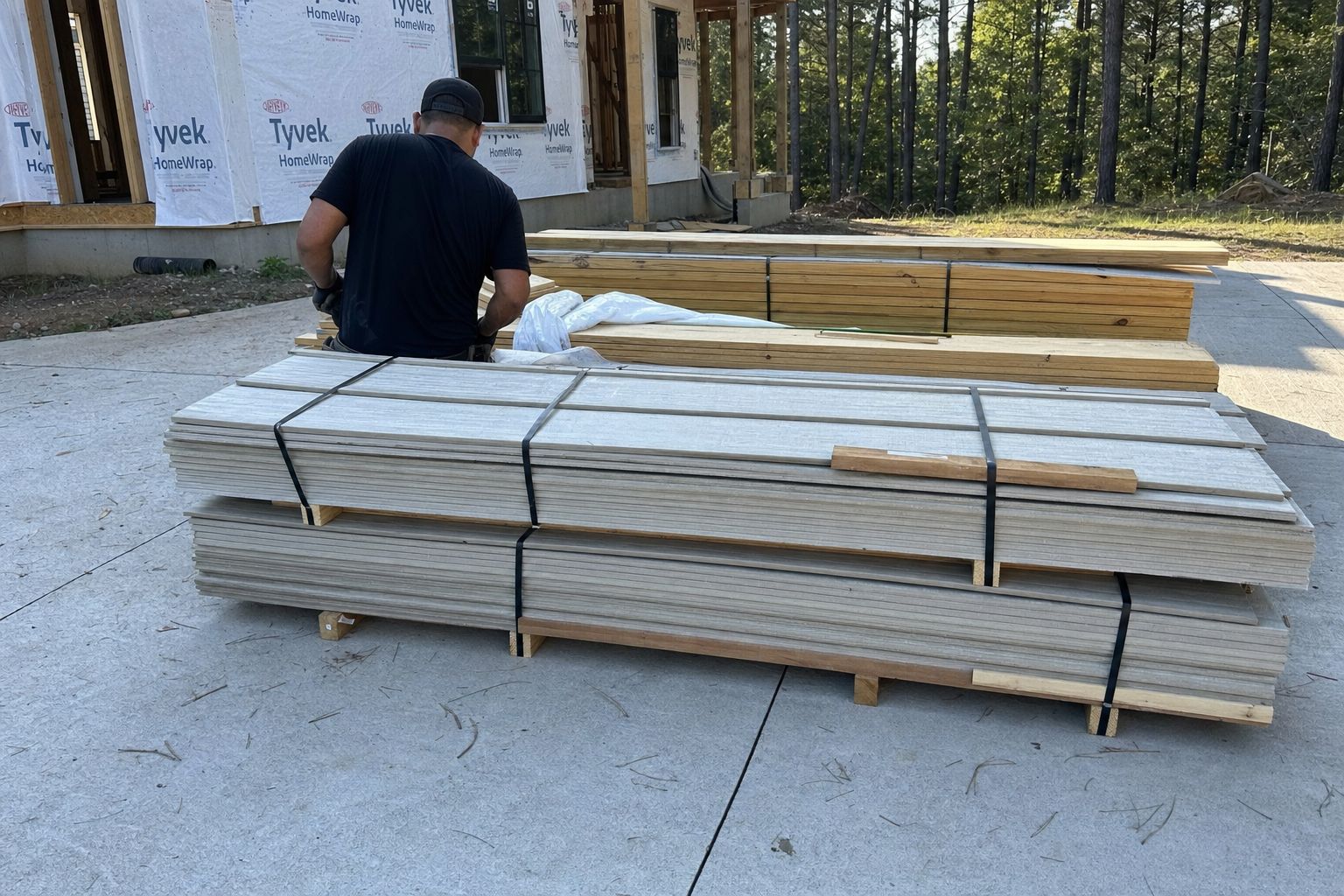 Banded siding and lumber staged on the driveway before installation begins