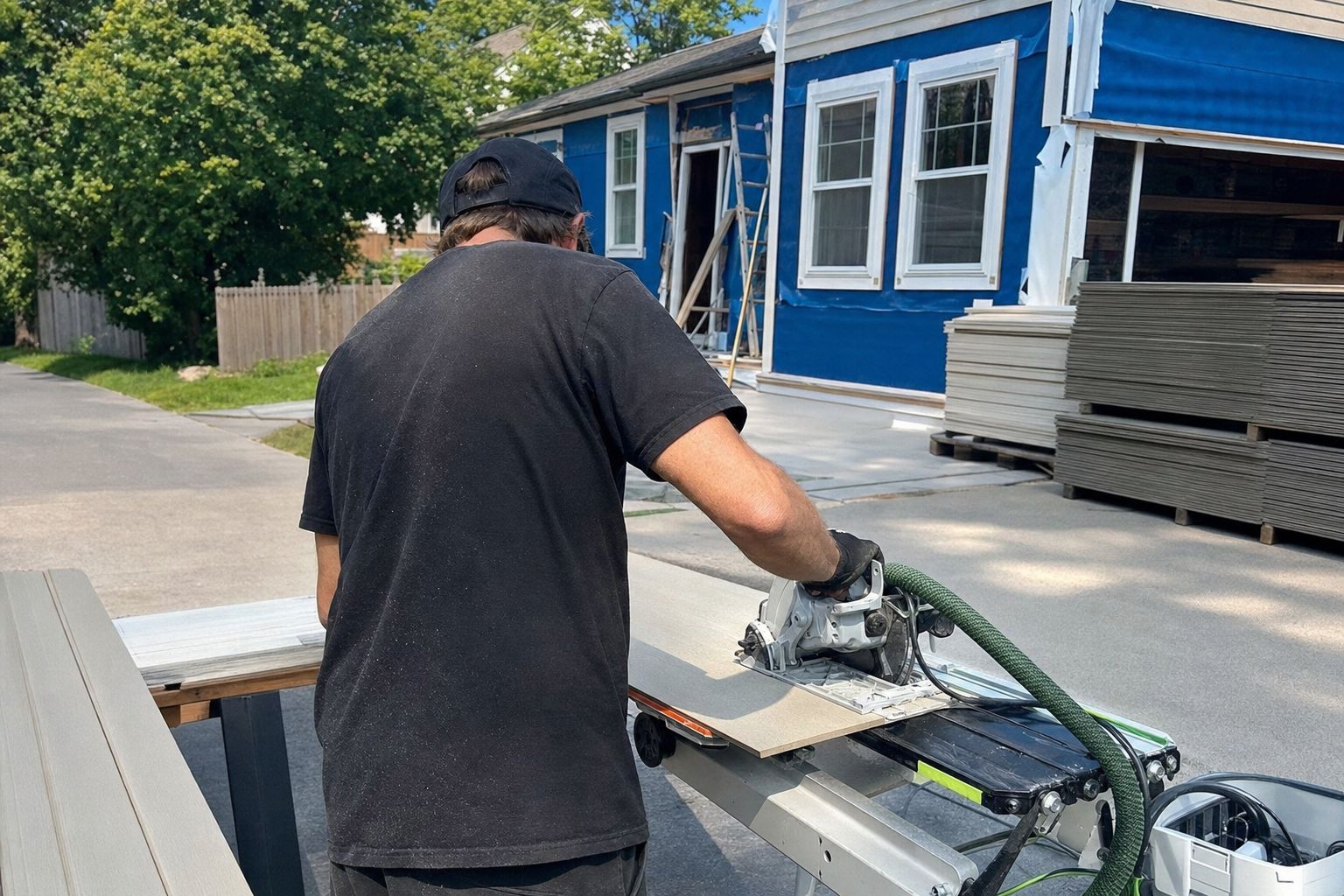 Cutting James Hardie fiber cement boards at a jobsite cutting station with dust collection