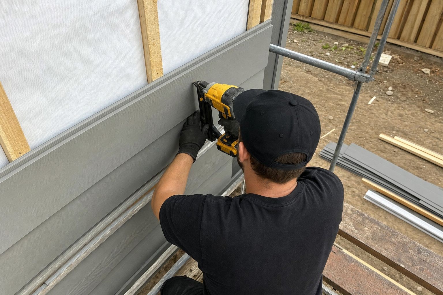 Domex installer fastening fiber cement lap siding from scaffolding on a Spokane re-side