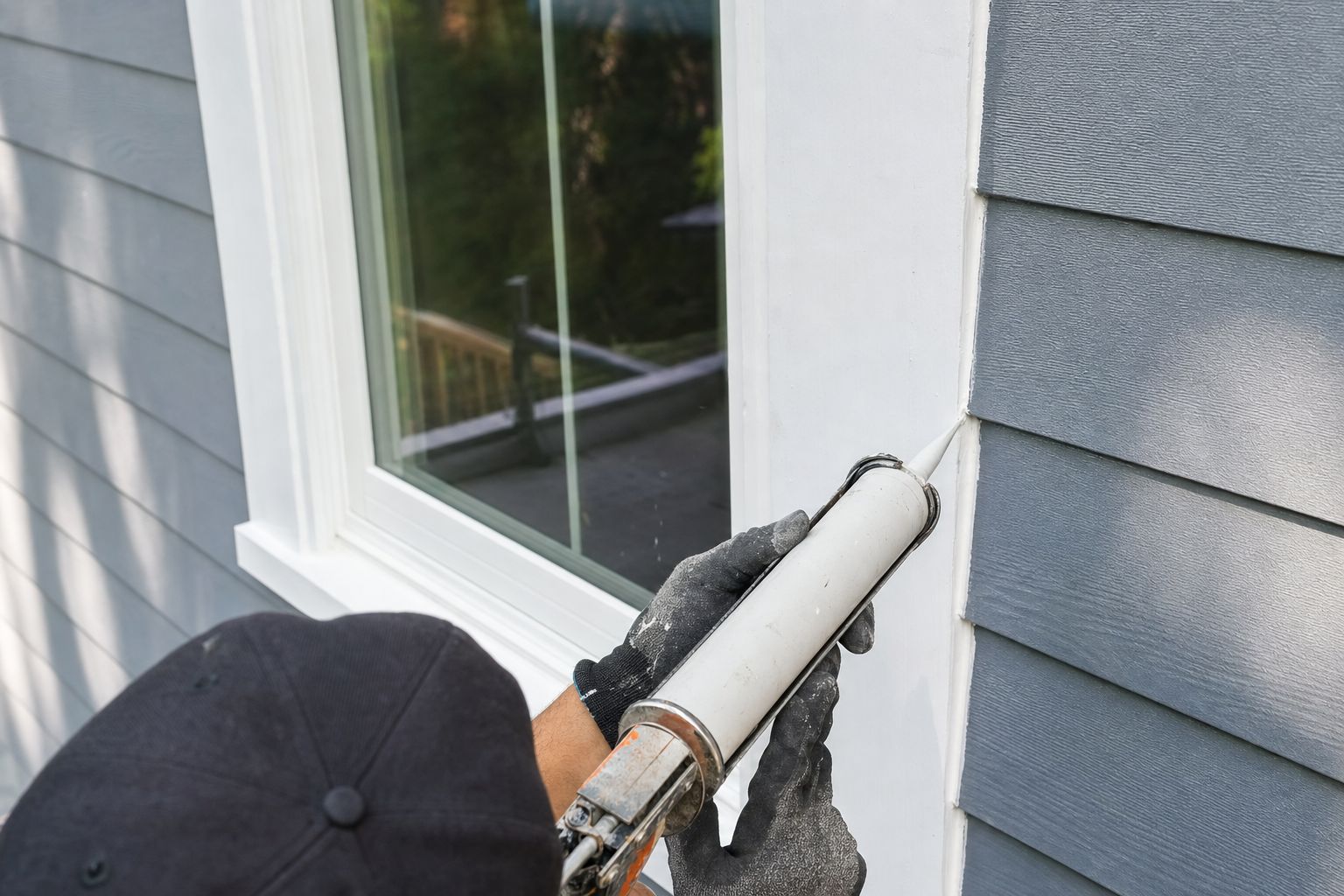 Sealing fresh window trim with a clean caulk bead against new siding