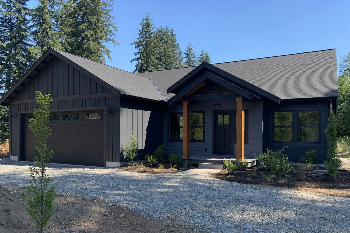 Modern farmhouse with charcoal board-and-batten siding and cedar posts