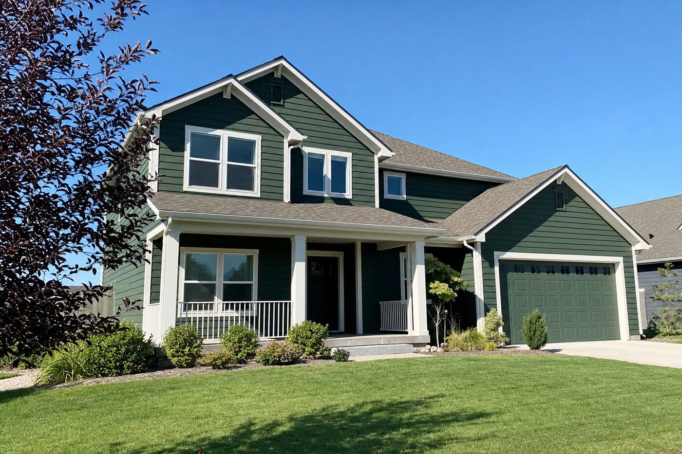 Freshly re-sided two-story home in forest-green lap siding with white trim