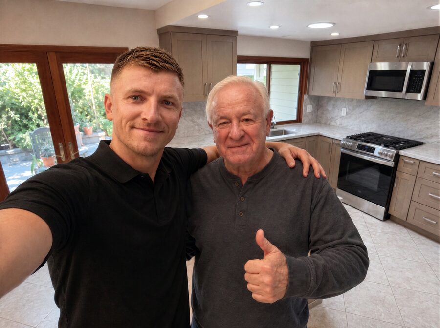 Domex Construction president Davyd Parkhotiuk with a happy customer in a newly remodeled Spokane kitchen