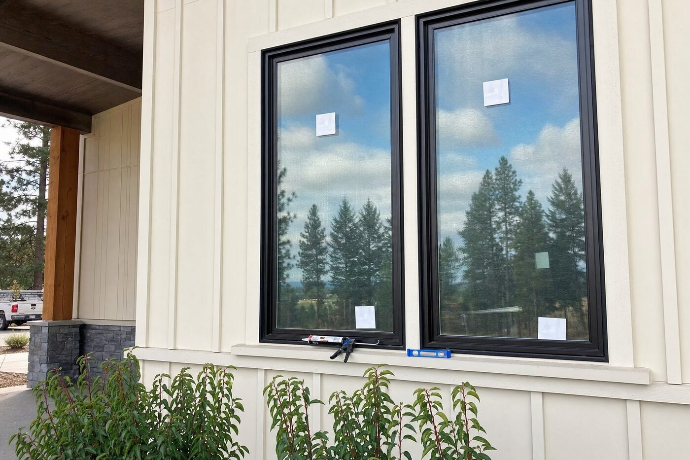 New black-framed casement windows on a cream farmhouse wall