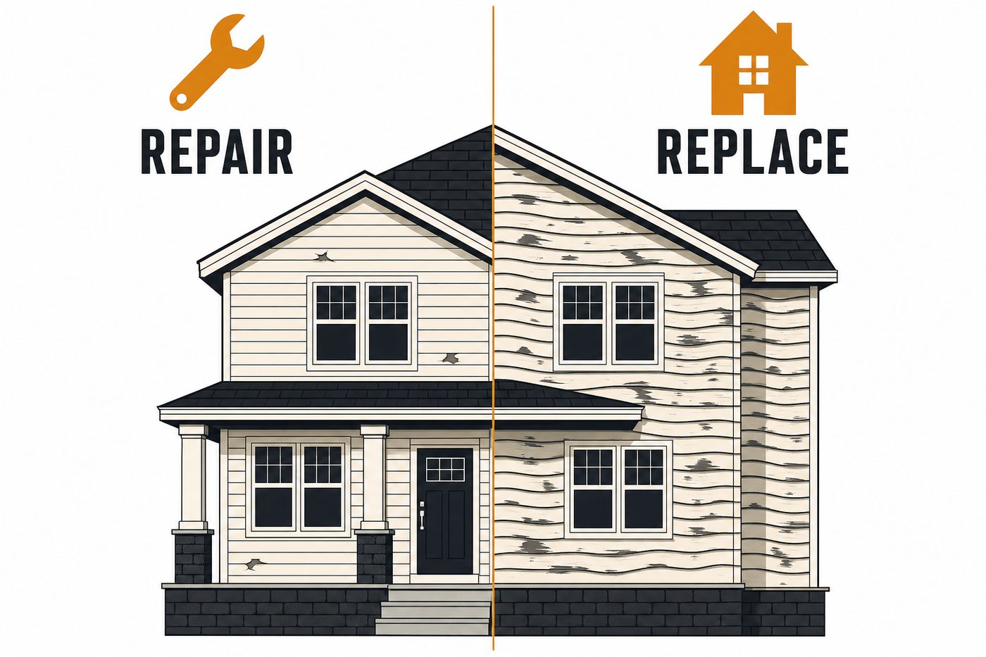 Diagram comparing when siding damage calls for a repair versus a full replacement