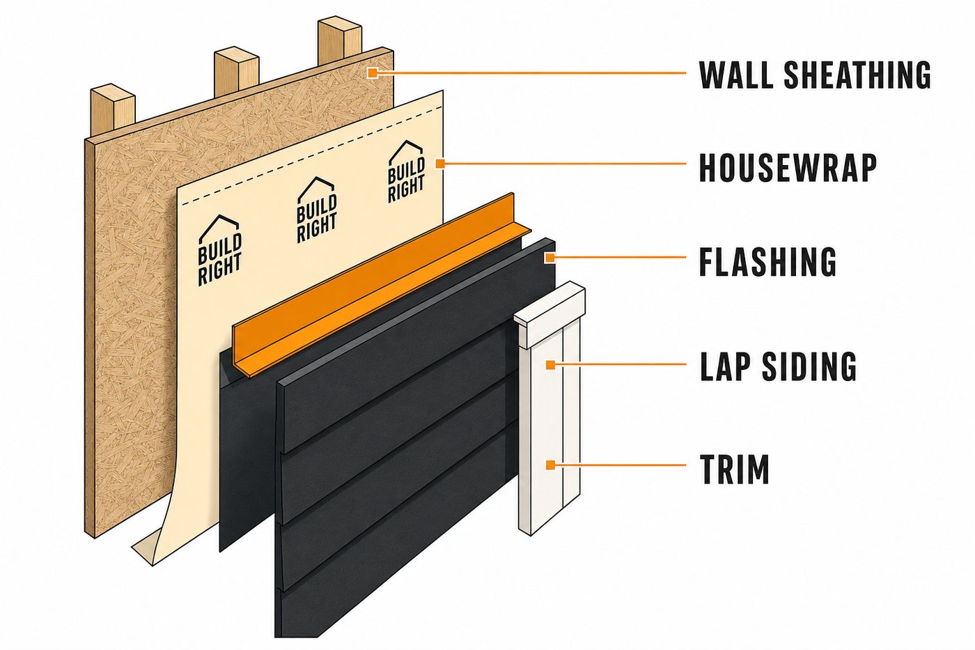Cutaway diagram of a properly layered siding wall system: sheathing, housewrap, flashing, lap siding, and trim