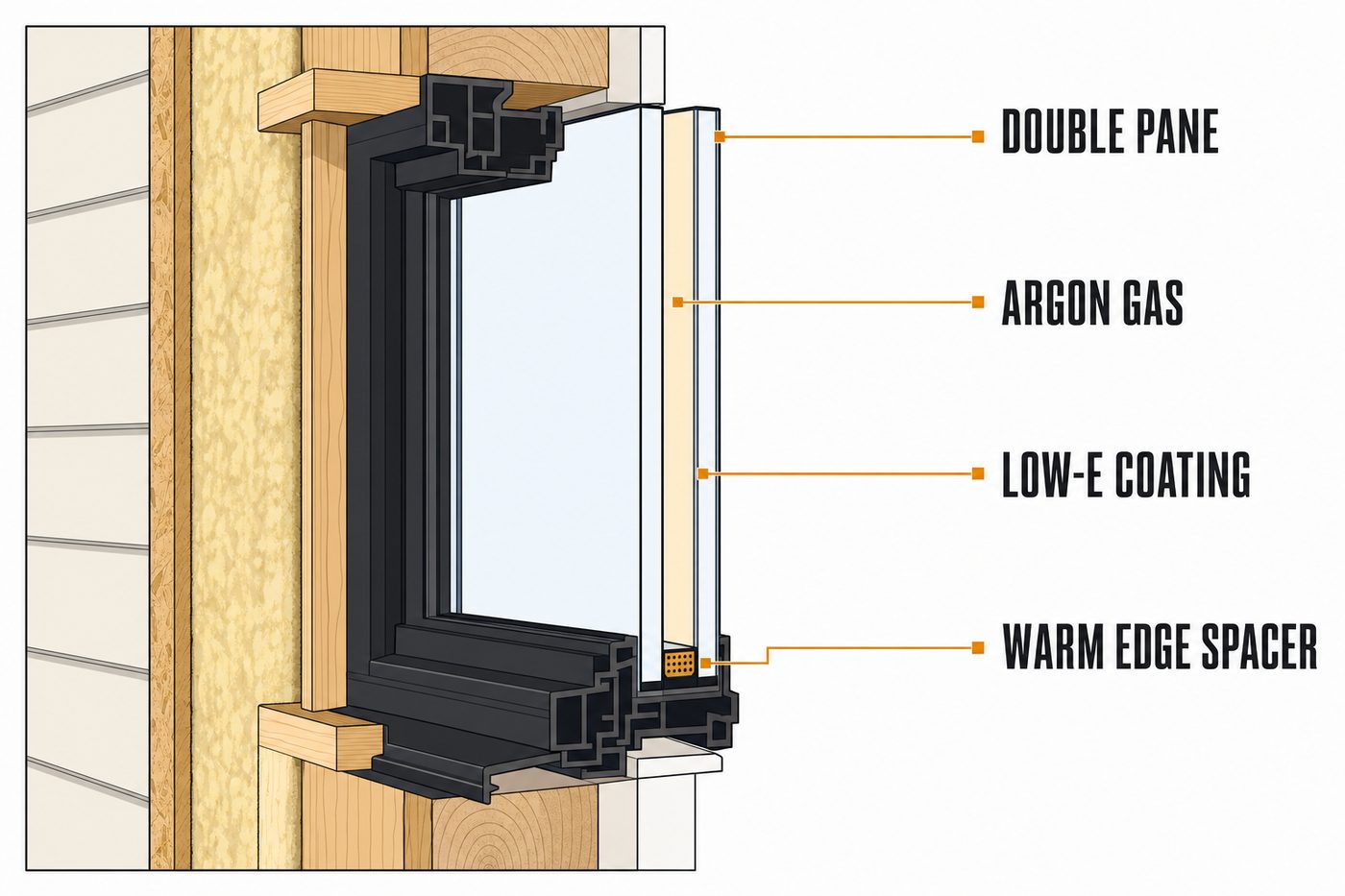 Cross-section diagram of an energy-efficient window: double pane, argon gas, low-e coating, and warm edge spacer