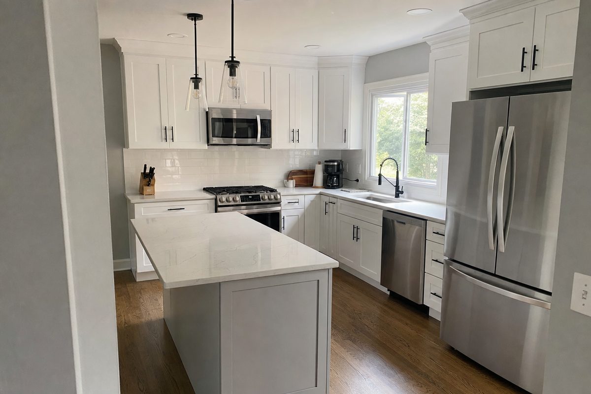 Newly remodeled white kitchen with quartz island and black pendant lights