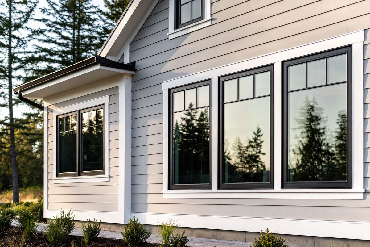 New black-framed energy-efficient windows on a light-gray farmhouse wall