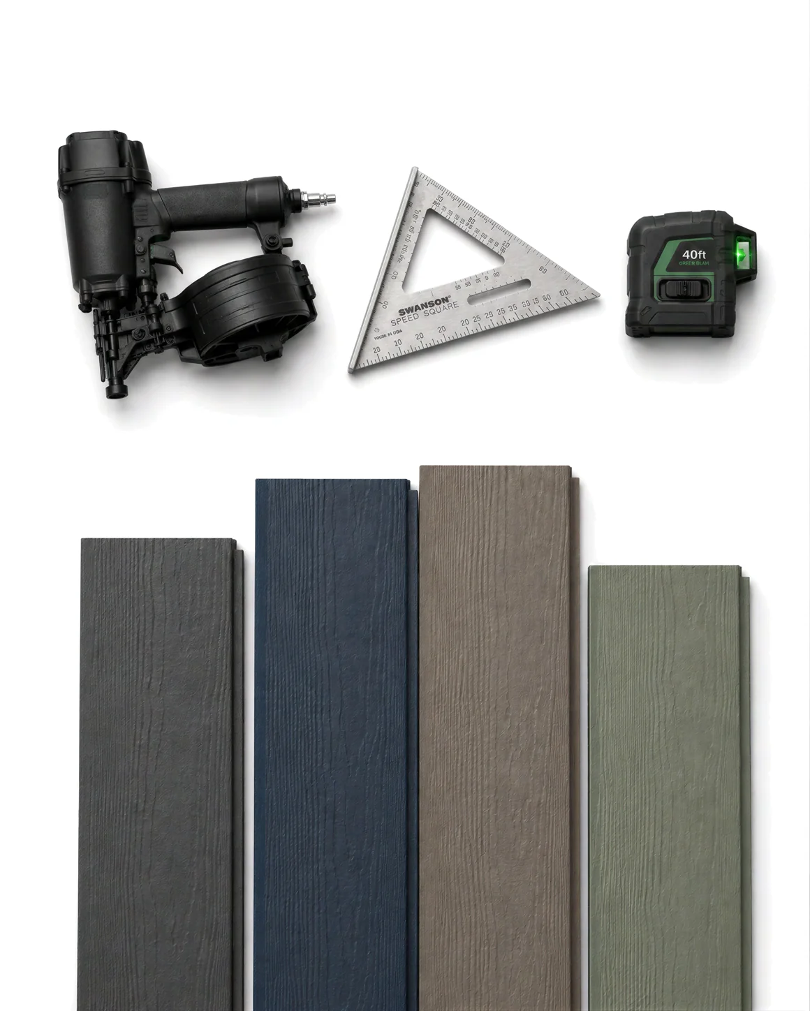 Fiber cement lap siding samples in charcoal, navy blue, taupe, and sage green with professional installation tools — coil siding nailer, speed square, and laser level